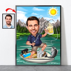 Cartoon Angler Portrait, Personalized Angler Portrait From Your Photo, Fishing Gifts, Fishing Gifts For Men, Fishing