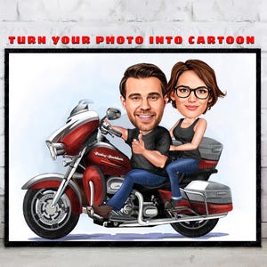 Cartoon Motorcyclist Couple Portrait From Your Photo, Motorcycle Gifts, Motorcycle Art, Harley Davidson