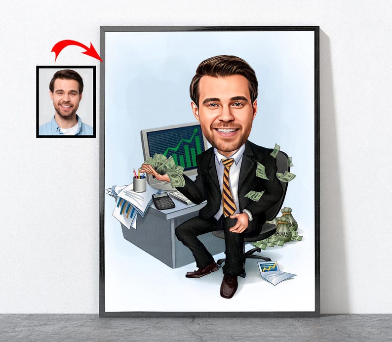 May include: A caricature of a person sitting at a desk with a computer monitor showing a green upward trend line graph. The person is surrounded by money and has a bag of money on the chair.
