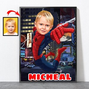 May include: A personalized illustration of a child dressed as Spiderman swinging through a city scene. The child's name, "Micheal", is written in red at the bottom of the image.