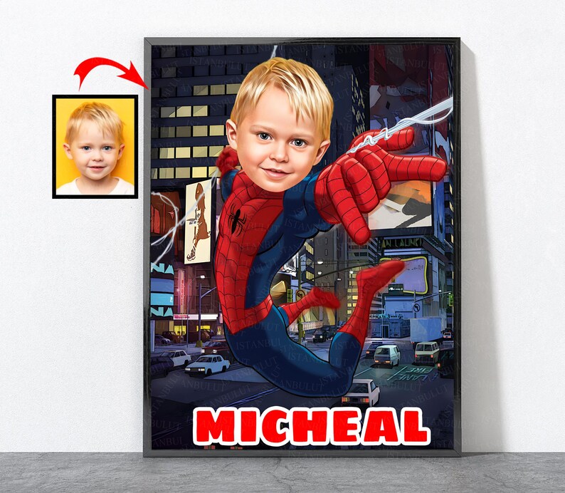 May include: A personalized illustration of a child dressed as Spiderman swinging through a city scene. The child's name, "Micheal", is written in red at the bottom of the image.