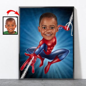 May include: A cartoon illustration of a young boy dressed as Spiderman. He is wearing a red and blue suit with a spider logo on the chest. He is swinging on a web and has a determined expression on his face.