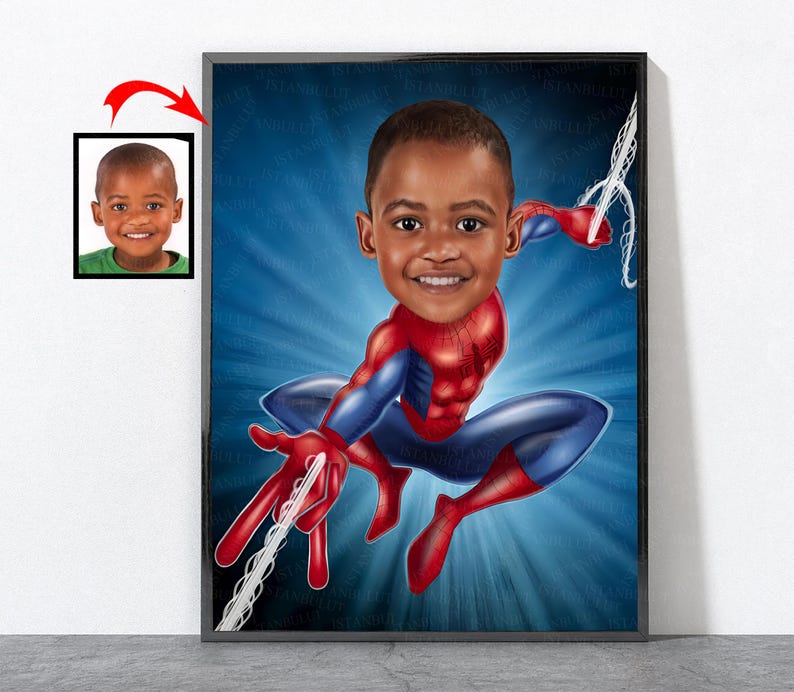 May include: A cartoon illustration of a young boy dressed as Spiderman. He is wearing a red and blue suit with a spider logo on the chest. He is swinging on a web and has a determined expression on his face.