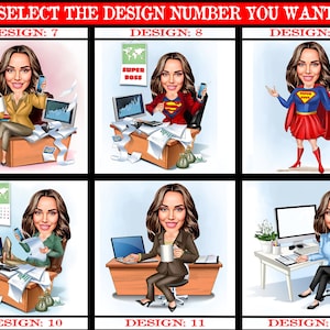 May include: A collage of 12 different cartoon designs featuring a woman in various settings. The designs are numbered 7 through 12. The designs include a woman sitting at a desk, a woman in a superhero costume, and a woman working on a computer.