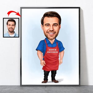 Cartoon Butcher Portrait, Arborist Gift For Him Men Male Husband Dad Mom Son Boyfriend, Butcher, Butcher Gift