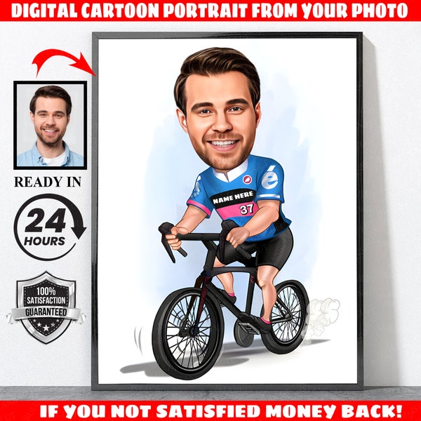 Cartoon Radfahrer Porträt, personalisierte Biker Porträt, personalisierte Radfahrer Fahrrad Zyklus Biker Kunst Poster, Radsport Geschenke, Radfahren