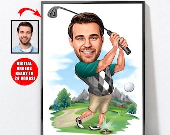 May include: A cartoon caricature of a golfer swinging a golf club. The golfer is wearing a green and white shirt, khaki shorts, and a white hat. The background is a green golf course with a blue sky.