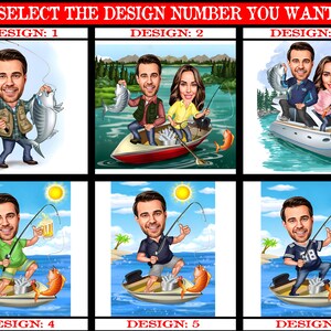 May include: Six cartoon illustrations of people fishing. The illustrations are in a grid format with three rows and two columns. The illustrations are in a cartoon style and feature people of different ages and genders. The illustrations are set against a variety of backgrounds, including a lake, a river, and a beach. The illustrations include text that reads 'SELECT THE DESIGN NUMBER YOU WANT', 'DESIGN: 1', 'DESIGN: 2', 'DESIGN: 3', 'DESIGN: 4', 'DESIGN: 5', and 'DESIGN: 6'.