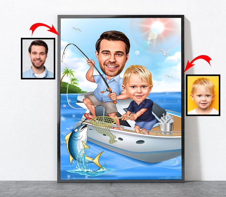 Cartoon Fisherman Portrait, Personalized Fishing Gift For Men, Fishing Gift, Fishing Gifts For Men, Fishing, Fish image 6