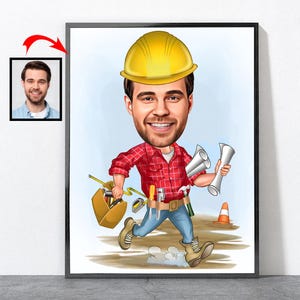 May include: A cartoon illustration of a construction worker wearing a yellow hard hat and red and black plaid shirt. He is holding blueprints and a tool belt with tools.