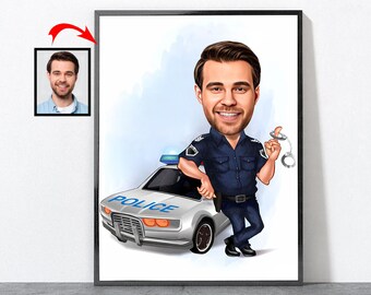 Cartoon Police Portrait, Police Officer Gifts For Him Wife, Police