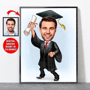 Retrato de graduación de dibujos animados, regalo de graduación personalizado para él, regalos de graduación