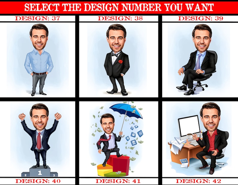 May include: A collage of ten cartoon illustrations depicting different scenarios for a business professional. The illustrations include a man in a suit holding an umbrella, a man in a suit standing on a podium, a man in a suit sitting at a desk, and a man in a suit sitting in a chair. The text "SELECT THE DESIGN NUMBER YOU WANT" is at the top of the image. The numbers 37, 38, 39, 40, 41, and 42 are below each illustration.