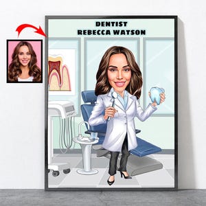 Retrato de dentista de dibujos animados, regalo de dentista para mujeres, regalos de higiene dental, higienista dental, dental, odontología, regalo de dentista para hombres, dentista