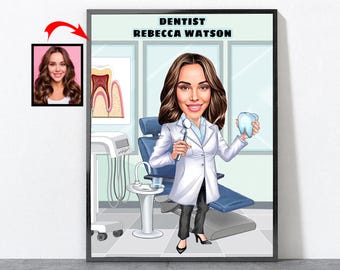 Cartoon Dentist Portrait, Dentist Gift For Women, Dental Hygiene Gifts, Dental Hygienist, Dental, Dentistry, Dentist Gift For Men, Dentist