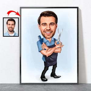 Cartoon Friseur Porträt, Friseur Geschenk für ihn ihre Männer Frauen männlich weiblich Ehemann Mutter Papa Mama Sohn Tochter Freundin Freund, Barbier