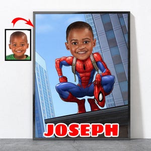 May include: A personalized illustration of a child dressed as Spiderman, with the name "Joseph" printed below. The child is standing on a building rooftop with a city skyline in the background.