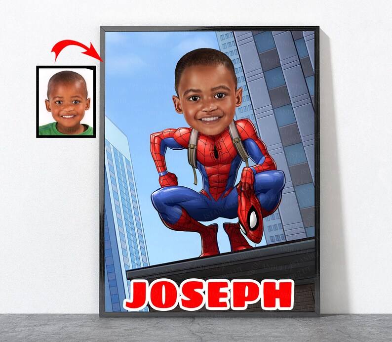 May include: A personalized illustration of a child dressed as Spiderman, with the name "Joseph" printed below. The child is standing on a building rooftop with a city skyline in the background.