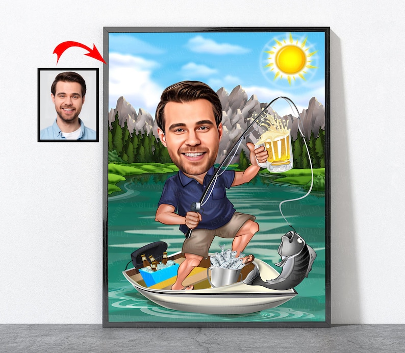 Cartoon Fisherman Portrait, Personalized Fishing Gift For Men, Fishing Gift, Fishing Gifts For Men, Fishing, Fish image 7