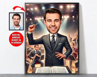 Cartoon Band Director Portrait, Band Director Gift For Him Men Male Husband Dad Son Boyfriend, Band Director, Band Director Gift