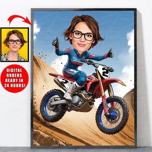 Cartoon Motocross Portrait From Your Photo, Motocross Gifts, Motocross & Dirt Bike Birthday Decor, Dirt Bike