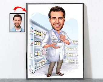 Cartoon Pharmacist Portrait, Pharmacy Tech Gifts, Pharmacist Gift