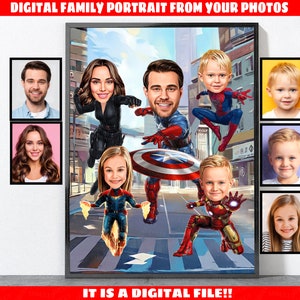 Regalo per la festa del papà, ritratto di famiglia di supereroi, biglietto per la festa del papà, stampe di supereroi, regalo per papà, festa del papà, ritratto di famiglia personalizzato, festa del papà