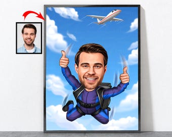 Cartoon Skydiver Portrait, Skydiving Gift For Him Her Men Women Male Female Husband Wife Dad Mom Son Daughter Boyfriend, Skydiving