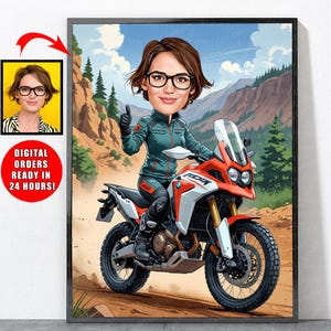 Cartoon Motorcyclist Portrait From Your Photo, Motorcycle Gifts For Women, Motorcycle Art, Motorcyclist Wall Decor
