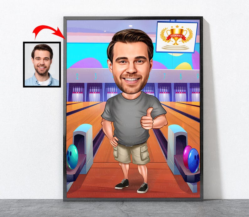 Cartoon Bowler Portrait, Bowling Gift For Him Her Men Women Male Female Husband Wife Dad Mom Son Daughter Girlfriend Boyfriend, Bowler Design 1