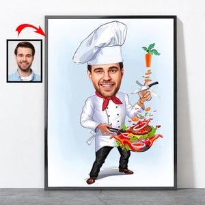 Cartoon Chef Porträt, Chef Geschenk für sie ihn Männer Frauen männlich weiblich Mann Frau Mutter Papa Mama Sohn Tochter Freund, Chefkoch Geschenke