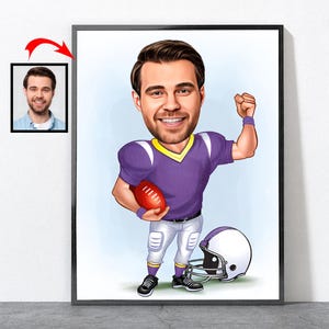 Ritratto di un giocatore di football americano dei cartoni animati, ritratto personalizzato di un giocatore di football americano dalla tua foto, football americano
