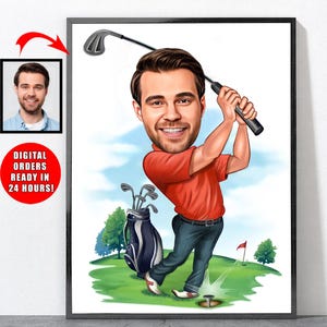 Cartoon golfer portret, golfcadeaus, golfcadeaus voor mannen, golfcadeaus voor vrouwen, golfcadeaus, gepersonaliseerde golfposter, golf, golfcadeau