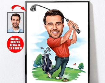 Cartoon Golfer Portrait, Golf Gifts, Golf Gifts For Men, Golf Gifts For Women, Golfing Gifts, Personalized Golf Poster, Golf, Golf Gift