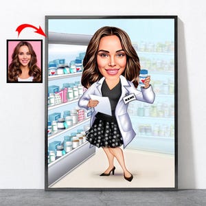 Cartoon apotheker portret, gepersonaliseerde apotheker afstuderen verjaardag pensioen grappig cadeau voor hem mannen mannelijk, apotheker, apotheker cadeau