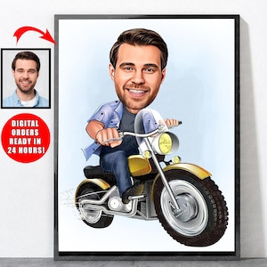 Cartoon motorrijderportret van foto, motorfietscadeaus, motorfietsmuurkunst