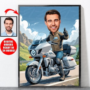 Cartoon Motorcyclist Portrait From Your Photo, Motorcycle Gifts, Motorcycle Art, Motorcycle