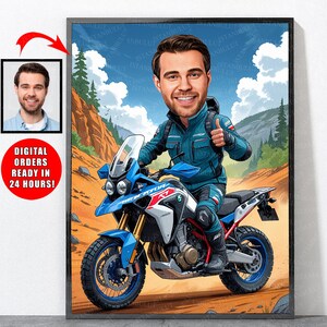 Retrato de motociclista de dibujos animados a partir de tu foto, ideas de regalos de motocicletas para hombres y mujeres