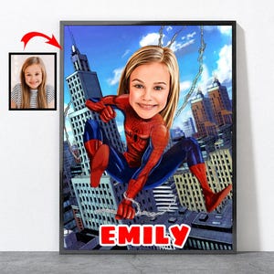 May include: A cartoon illustration of a girl dressed as Spider-Man, swinging through a city skyline. The girl's face is superimposed on the superhero's body. The image is framed with a black border and the name "EMILY" is printed at the bottom.