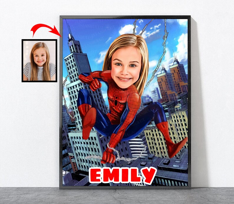 May include: A cartoon illustration of a girl dressed as Spider-Man, swinging through a city skyline. The girl's face is superimposed on the superhero's body. The image is framed with a black border and the name "EMILY" is printed at the bottom.