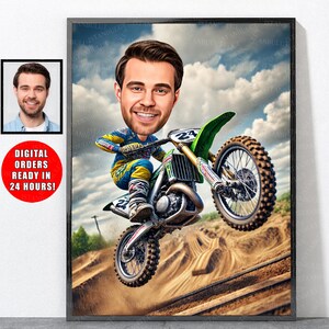 Portret cartoon motorcrosser, gepersonaliseerde motorcrosscadeaus, motorcross, motorcross