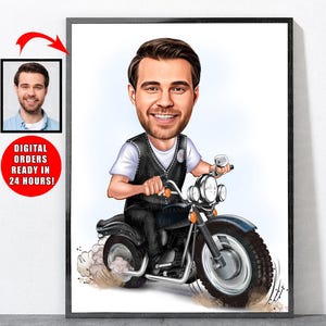 Cartoon motorrijder portret van foto, motorfiets verjaardagscadeaus voor vader, motorfiets