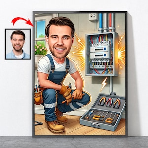 Cartoon Elektriker Porträt, personalisierte Elektriker Geschenke, Elektriker