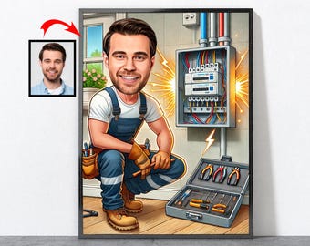 Retrato de electricista de dibujos animados, regalos personalizados para electricistas, electricista