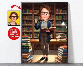 Retrato de bibliotecario/a en caricatura a partir de una fotografía, regalo para bibliotecarios/as
