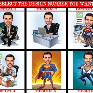 May include: Six different cartoon illustrations of a man in a business suit. The man is depicted in various poses, including sitting at a desk, standing with his shirt open to reveal a Superman costume, and flying through the air. The illustrations are labeled with the numbers 1 through 6.