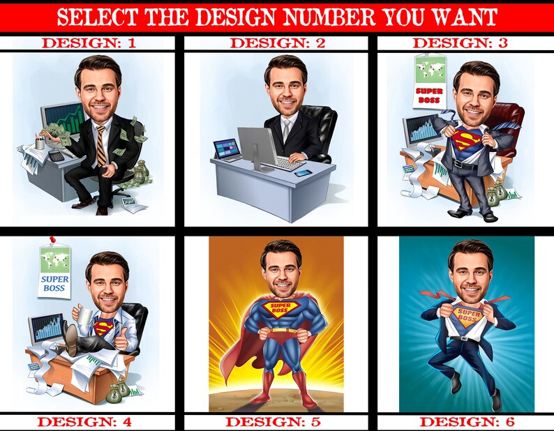 May include: Six different cartoon illustrations of a man in a business suit. The man is depicted in various poses, including sitting at a desk, standing with his shirt open to reveal a Superman costume, and flying through the air. The illustrations are labeled with the numbers 1 through 6.