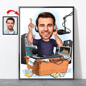 Portret podcastera z kreskówek, prezent podcastowy dla niego, jej, mężczyzn, kobiet, mężczyzn, kobiet, męża, matki, taty, mamy, syna, córki, dziewczyny, chłopaka, podcastu
