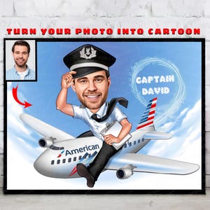 Cartoon Pilot Portrait From Your Photo, Pilot Gifts, Pilot Retirement Party