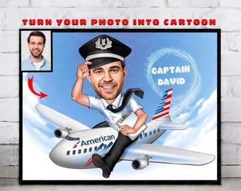 Cartoon Pilot Portrait From Your Photo, Pilot Gifts, Pilot Retirement Party